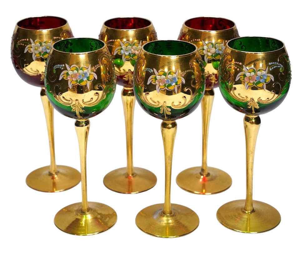 A set of six Venetian gilt and enamelled wine glasses, 21cm. Condition - good